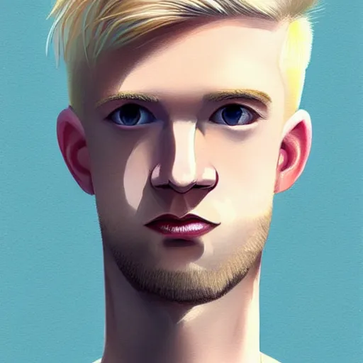 Prompt: thin blond man with blond hair long on top short down the sides, blond beard, small chin, thin nose, thin lips, english heritage, small blue eyes, small ears, pale skin, narrow face, digital art, painterly, cartoon, cute, 8k, illustration, art by loish, painterly, trending on artstation, medium shot, uncropped