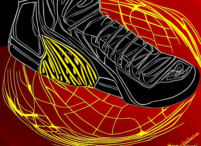 Image similar to glowing black basketball sneaker, wth short golden lines, yellow details, symmetrical, highly detailed, digital art, sharp focus, trending on art station, samurai, electricity superpowers, anime art style