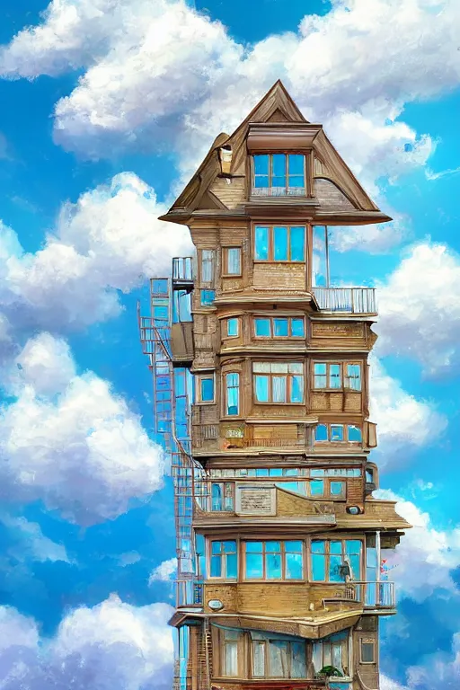 Image similar to A hyperdetailed digital oil painting of a house in the clouds,ladder,cartoon, Trending on ArtStation and DeviantArt