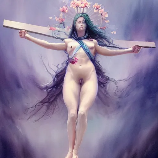 Image similar to full body portrait, long shot, Crucifixion pose, of a beautiful goddess, sworming in flowers, magical, pale skin, blue eyes, long black hair, floating in a misty daze, by pete mohrbacher and greg rutkowski, watercolor painting, deviantart, pinterest