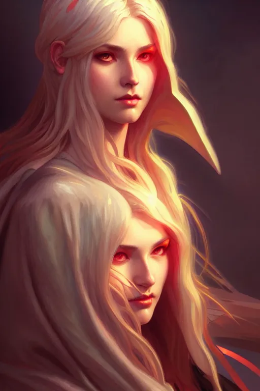Image similar to beautiful casual aasimar warlock portrait, highly detailed, digital painting, artstation, sharp focus, illustration, art by tan zi and ayanamikodon and alphonse mucha and wlop