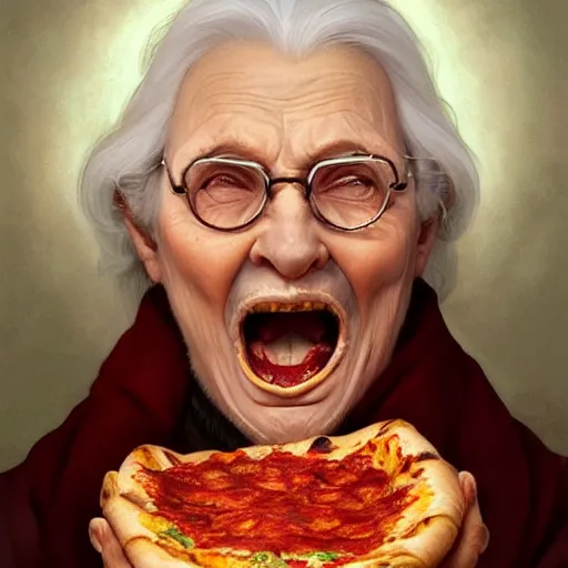 Image similar to portrait of evil grandma opening his mouth to eat pizza, highly detailed, digital painting, artstation, concept art, sharp focus, illustration, art by artgerm and greg rutkowski and alphonse mucha