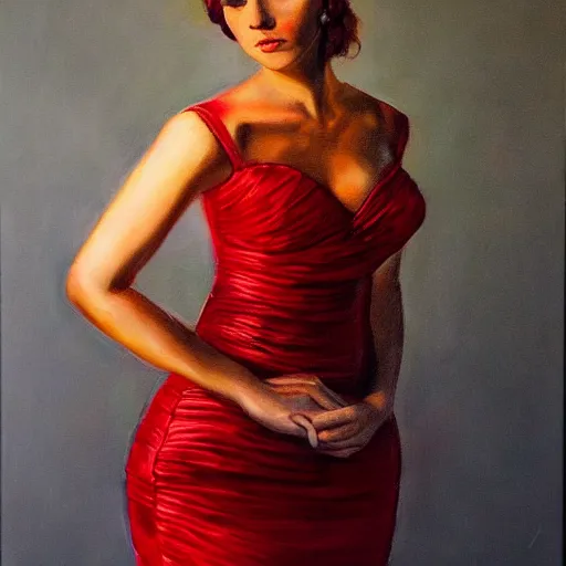 Image similar to Hyper realistic portrait of a woman wearing a bride style red dress