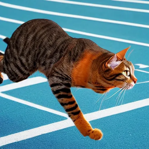 Prompt: photo of a track runner tripping over a cat