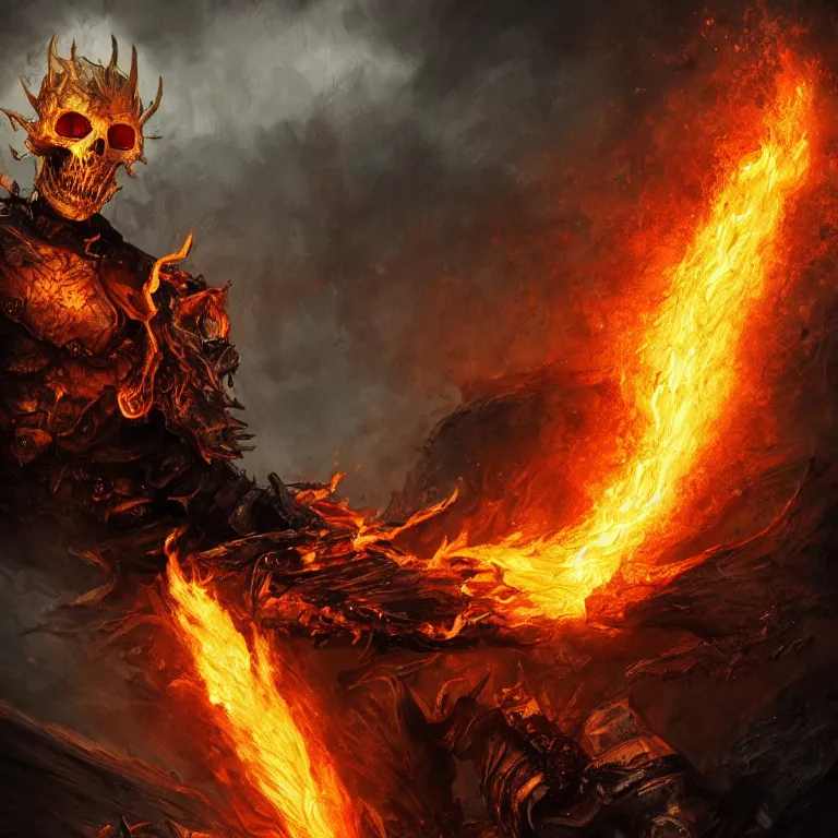 Image similar to Ghost Rider, flaming grim reaper, the pits of hell, headshot photo, character concept, dark souls concept art, Feng Zhu concept art, dramatic lighting, highly stylized, trending on artstation, high-quality wallpaper, desktopography