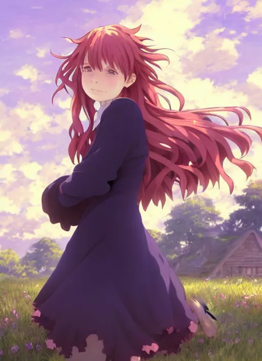 Image similar to Painting of a cottagecore witch with strawberry hair in the style of Violet Evergarden, beautiful anime art style, winged eyelashes, countryside, calm, fantasy character portrait, dark outlines, dynamic pose, above view, sunny day, artwork by Makoto Shinkai, very coherent asymmetrical artwork, sharp edges, perfect face, simple form, 100mm