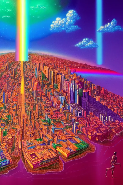 Image similar to a beautiful hyperdetailed painting of spiritual evolution city of god, rainbow retrowave fantasy, wallpaper, highly detailed, trending on artstation.