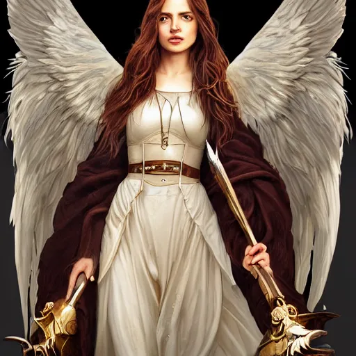 Image similar to portrait of young aasimar angel girl maiden wearing comfy leather armor with beautiful feathered angel wings, cute face, brown eyes, Alison Williams, Emma Roberts, Blizzard, Diablo, by artgerm and greg rutkowski and alphonse mucha and andrei riabovitchev, 4k oil on linen, vivid colors, colorful, high dynamic range, HDR, intricate, elegant, highly detailed, digital painting, artstation, concept art, smooth, sharp focus, illustration