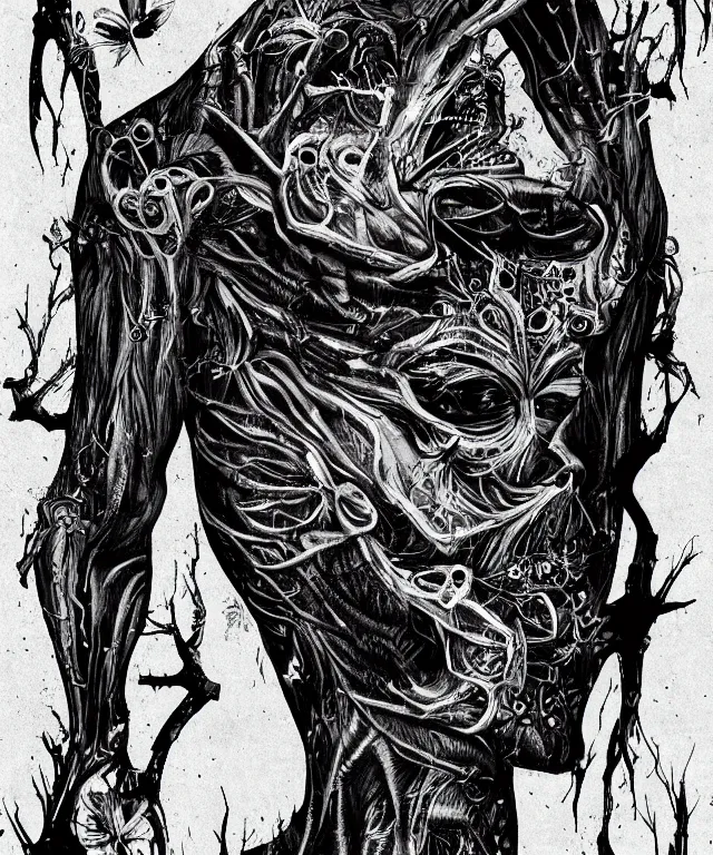 Image similar to black and white illustration, creative design, body horror, monster