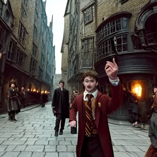 Image similar to Daniel radcliffe as harry potter, epic wide shot, cinematic shading, widescreen, sharp image, warm colors, Blu-Ray, directed by Christopher Nolan and Asher Duran