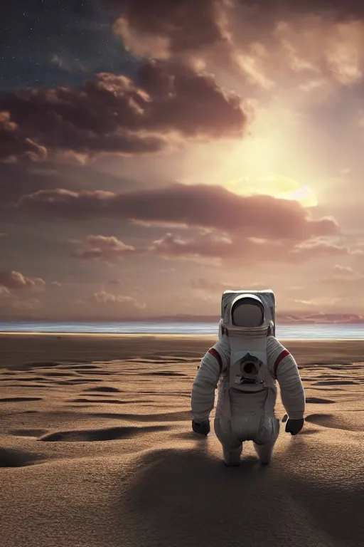 Image similar to a astronaut sitting on the beach looking to the sea at sunrise, concept art, octane render, unreal engine 5, trending on Artstation, high quality, highly detailed, 8K, soft lighting, godrays, path tracing, serene landscape, turbulent sea, high coherence, anatomically correct, hyperrealistic, sand, beautiful landscape, cinematic, clouds in the sky