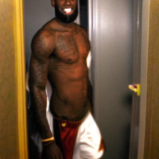 Prompt: grainy photo of lebron james as a creepy monster in a closet, harsh flash