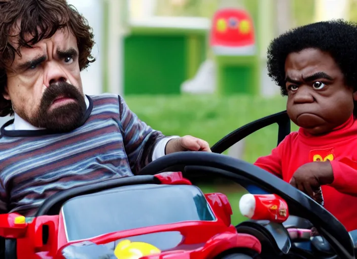 Image similar to peter dinklage racing gary coleman driving a little tikes cars, movie still, from the new fast and furious movie, 8 k, realistic