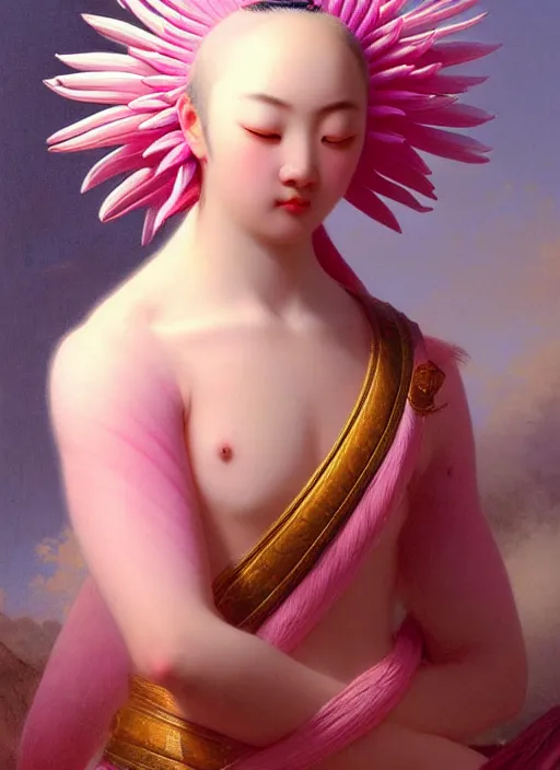 Image similar to stunning japanese godess, detailed pink and white protea head peace against a black backdrop by ivan aivazovsky, wlop, sharp details, photorealism, oil painting, beautiful soft lighting, muted colours, artstation