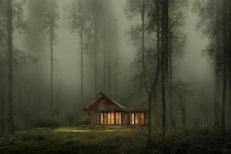 Image similar to a 1 9 5 0 s luminous house in the middle of a dark, gloomy, misty forest enveloped in moss and bark, illustrated by greg rutkowski and gaston bussiere, trending on artstation, intricately defined, complexly detailed, cgsociety contest winner, zbrush, mannerism, 4 k, grim lighting, misty atmosphere