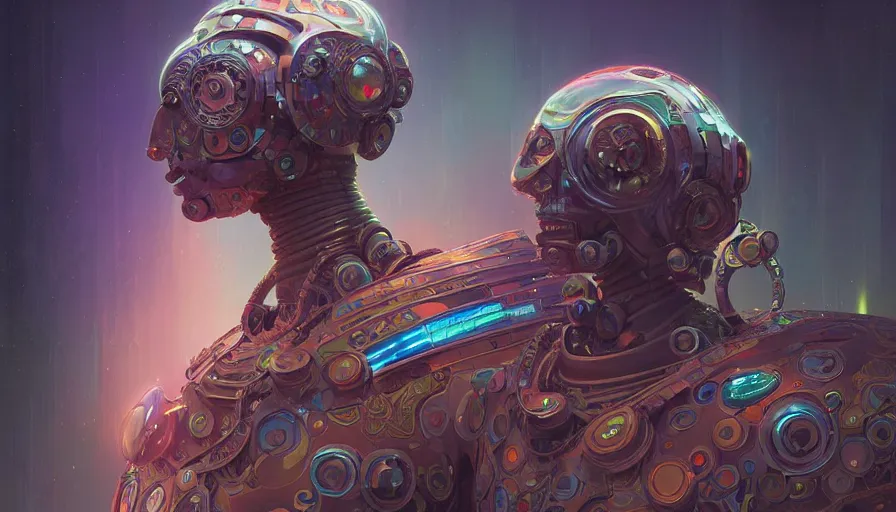 Image similar to Character design of a scifi psychedelic robot shaman, symmetrical, center punched, Archviz, elegant, intricate, digital painting, artstation, concept art, smooth, sharp focus, illustration, art by artgerm and greg rutkowski and alphonse mucha