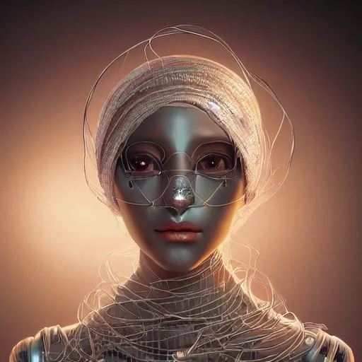 Image similar to portrait of a humanoid robot wearing a veil, mystic, mystical, robot body, wires, robotic, intricate, headshot, highly detailed, digital painting, artstation, concept art, sharp focus, cinematic lighting, digital painting, art by artgerm and greg rutkowski, alphonse mucha, cgsociety