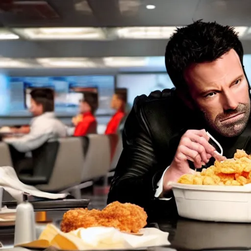 Image similar to Hyper-realistic photo of Ben Affleck's Batman eating at KFC. Extremely detailed. Beautiful. 4K. Award-winning