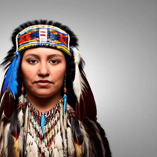 Prompt: portrait of a native american woman with an eagle, portrait photography, studio lighting, 4 k