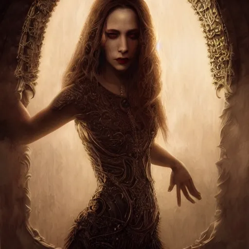 Image similar to Majestic and regal portrait of a riveting female vampire, indoor palatial dwelling, intricate, epic, elegant, menacing, fantasy, highly detailed, digital painting, hard focus, beautiful volumetric lighting, epic light, ultra detailed, by Leesha Hannigan, Ross Tran, Thierry Doizon, Kai Carpenter, Ignacio Fernández Ríos