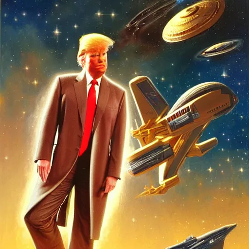 Prompt: a portrait of a donald trump as the enterprise, star trek the next generation, space battle. highly detailed painting by gaston bussiere, craig mullins, j. c. leyendecker, furry