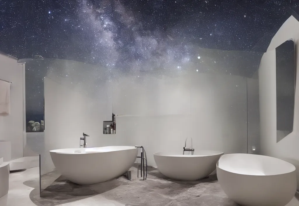 Image similar to a bathroom overlooking the universe