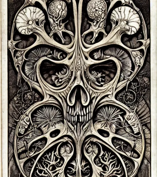 Image similar to memento mori by arthur rackham, art forms of nature by ernst haeckel, exquisitely detailed, art nouveau, gothic, ornately carved beautiful skull dominant, intricately carved antique bone, art nouveau botanicals, ornamental bone carvings, art forms of nature by ernst haeckel, horizontal symmetry, arthur rackham, ernst haeckel, symbolist, visionary