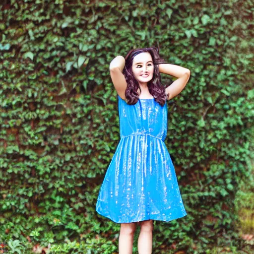 Prompt: a beautiful young woman in a blue elmer dress + sparkling ruby shoes on her feet + sense of wonder