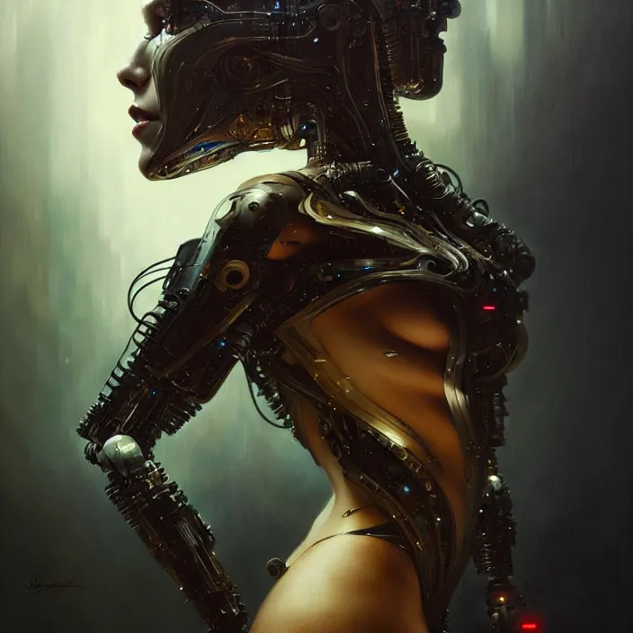 Prompt: liquid cyborg, black oil, diffuse lighting, fantasy, intricate, elegant, highly detailed, lifelike, photorealistic, digital painting, artstation, illustration, concept art, smooth, sharp focus, art by john collier and albert aublet and krenz cushart and artem demura and alphonse mucha