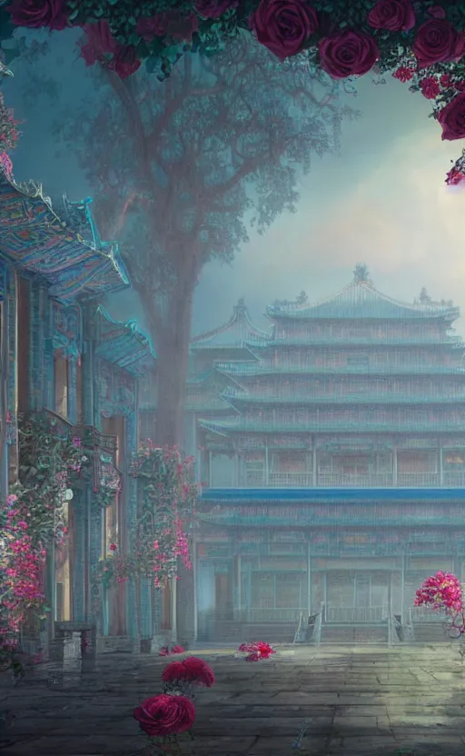 Image similar to vanishing point, palace covered with aqua blue roses like the forbidden city in distance at the red rose royal manor, viewed from afar, stephen bliss, misty, unreal engine, fantasy art by greg rutkowski, loish, ferdinand knab, and lois van rossdraws,, global illumination, radiant light, minimalist, detailed and intricate environment