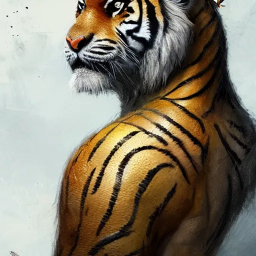 Image similar to a very high detailed tiger face on a standing muscular human body, wearing a very detailed golden kings crown, tattoo on shoulder, standing in a highly detailed jungle, digital art, concept art, greg rutkowski, Nikolai Karelin, Hou China, trending artstation