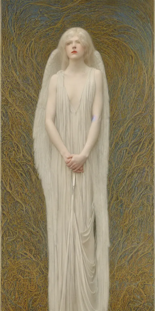 Prompt: Say who is this with silver hair so pale and Wan and thin? Feminine angel in the style of Jean Delville, Lucien Lévy-Dhurmer, Fernand Keller, Fernand Khnopff, oil on canvas, 1896, 4K resolution, aesthetic, mystery