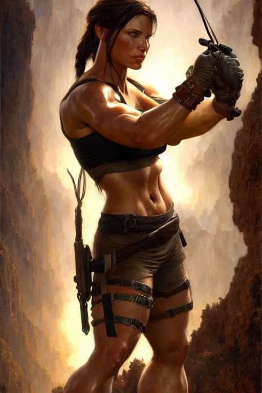 Image similar to muscular sweat lara croft, highly detailed painting by gaston bussiere, craig mullins, j. c. leyendecker 8 k