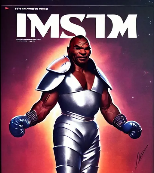 Image similar to a fantasy mike tyson wearing plate armor, 1 9 7 9 omni magazine cover, style by vincent di fate, artgerm, very coherent, detailed, 4 k resolution, dark, unreal engine, daz