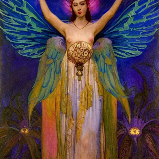 Prompt: queen of the dawn with her wings and her lantern, by Annie Swynnerton and Nicholas Roerich and Diego Rivera, flowing robes, bioluminescent skin, floral tattoos, elaborate costume, geometric ornament, symbolist, soft colors, dramatic lighting, smooth, sharp focus, extremely detailed