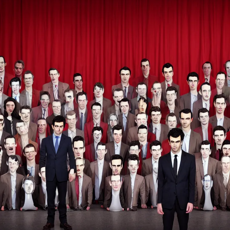 Prompt: focused dslr medium shot photograph of nathan fielder standing in front of dozens of nathan fielder clones on puppet strings from nathan for you on comedy central on a stage with a red curtain, meta, fractal, trippy, high detail!!! 8 k!!!!, photorealism!!!, sharp focus!!! coherent!!!