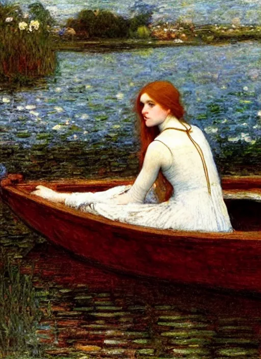 Image similar to lady of shallot as ophelia in a boat by john william waterhouse, rosetti, monet, william holman hunt, 8 k