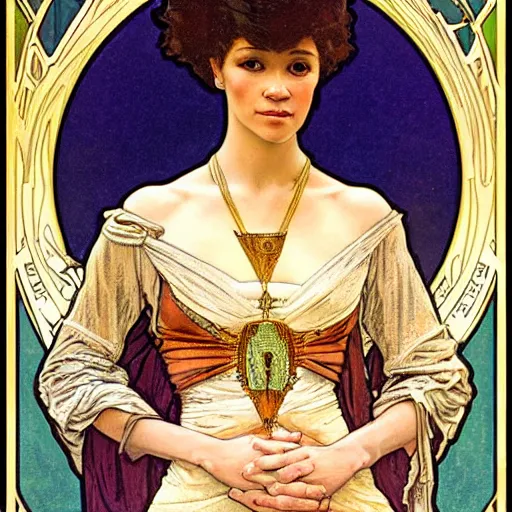 Image similar to thandiwe newton portrait by louis - theophile hingre and alphonse mucha, realistic, sharp focus, zodiac signs, tarot cards, planets, ethereal, art nouveau, magic, moon, sun, crown, dreamy, royal, jewellery