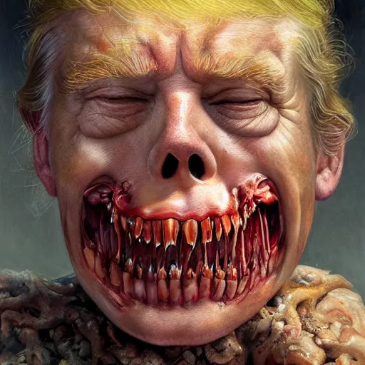 Image similar to a portrait of donald trump's, flesh eating worms, macabre, horror saw teeth, horror rotten teeth, peeling face skin, by donato giancola and greg rutkowski and wayne barlow and zdzisław beksinski, realistic face, visible face, digital art, artstation, symmetry