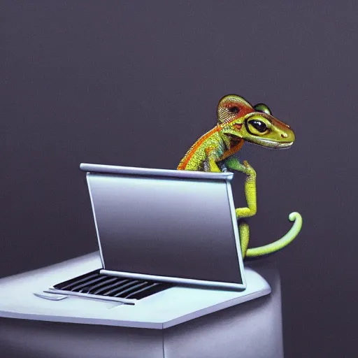 Image similar to portrait of a gecko working at a laptop, photorealistic, artstation, digital art 4k