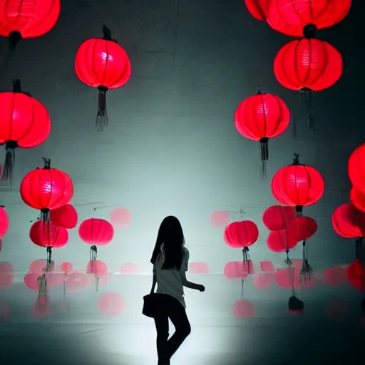 Prompt: a tiny dark black night club with five red chinese lanterns, people's silhouettes close up, wearing white t - shirts that glow in the dark, minimalism,