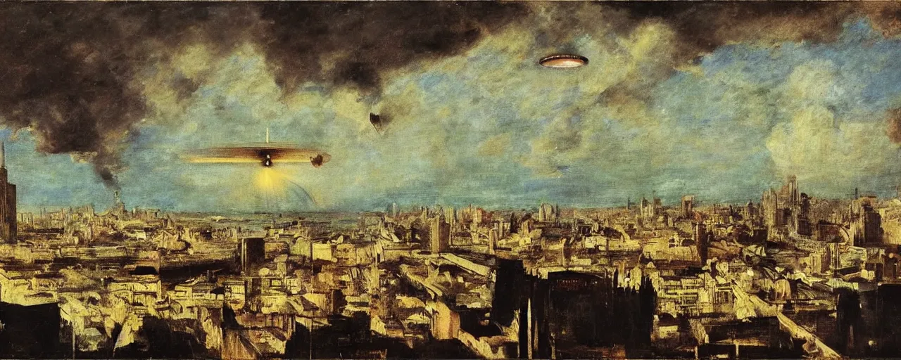 Prompt: A painting of the city of the future with an all-seeing human eye in the sky by Max Lieberman, Edgar Degas and Francisco Goya, highly detailed, Neoclassicism, Baroque, Classicism