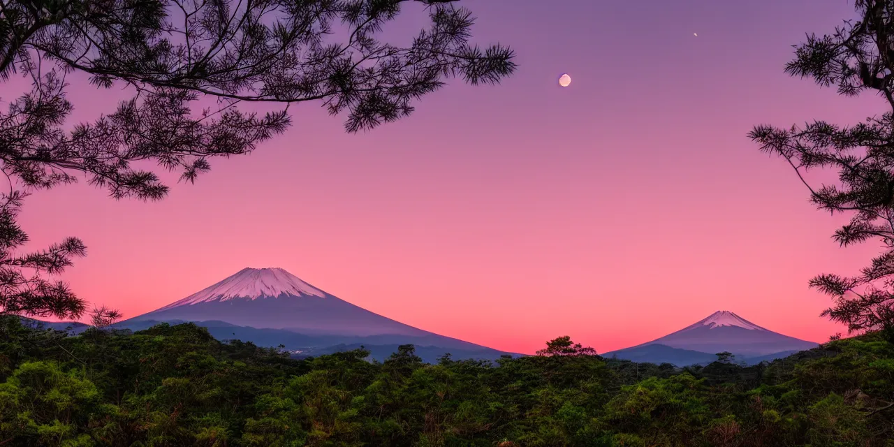 Prompt: pink sunset mt fuji, eucalyptus trees, tropical forest in the background with mountains, hilly meadows with flowers, the moon in the sky, cinematic lighting, hd 4k photo