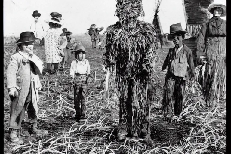 Image similar to disturbing scarecrow from the early 1 9 0 0's burning down the cornfields with a group of children