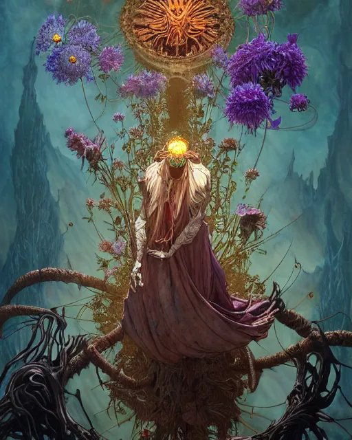 Image similar to the platonic ideal of flowers, rotting, insects and praying of cletus kasady carnage davinci dementor chtulu mandala howl's moving castle dinotopia bioshock the witcher, fantasy, ego death, decay, dmt, psilocybin, concept art by randy vargas and greg rutkowski and ruan jia and alphonse mucha