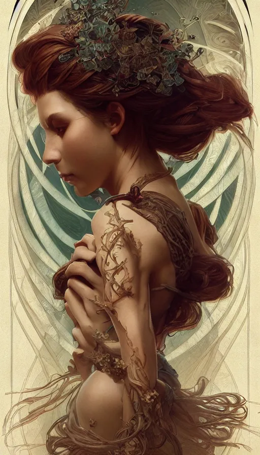 Image similar to twisted fairytale, fibonacci, sweat drops, insane, intricate, highly detailed, digital painting, artstation, concept art, smooth, sharp focus, illustration, Unreal Engine 5, 8K, art by artgerm and greg rutkowski and alphonse mucha