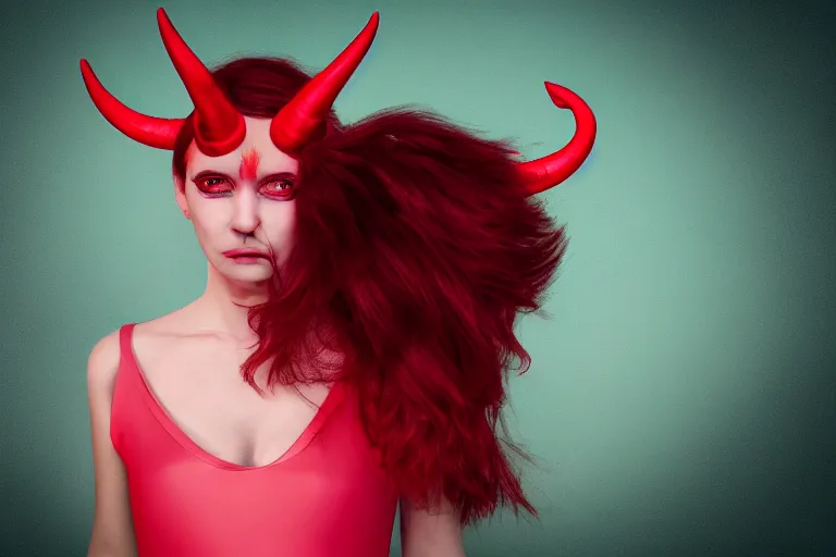 Prompt: pretty demon girl with horns photograph in the style of clemens ascher, colorful, realistic, 8 k