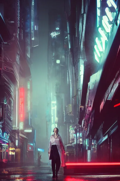 Prompt: a street level, low angle, closeup photograph of a woman with robotic prosthetics in a clear, transparent raincoat, in a futuristic, blade runner city with heavy atmosphere. Volumetric light. Rainfall. Dystopic. Evening, neon lights. 8k. Filmic. Highly detailed. Octane render.