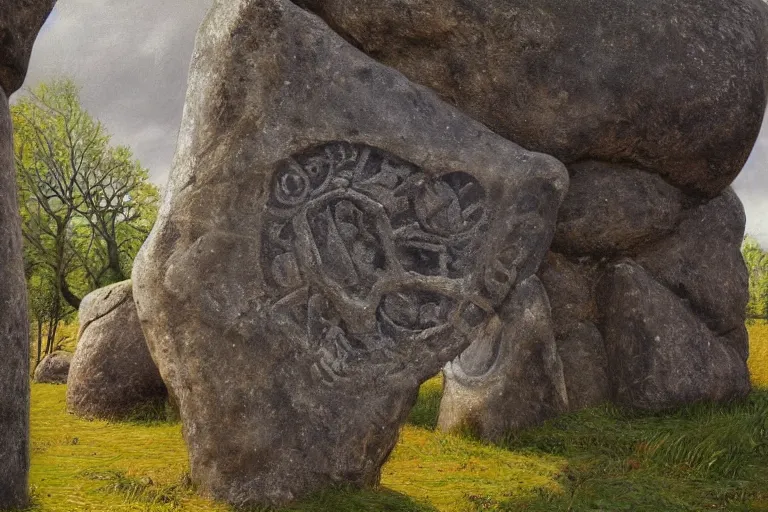 Image similar to runestone, megalithic, monument, nature, trees, focused, centered, very detailed, norse, histor, oil painting