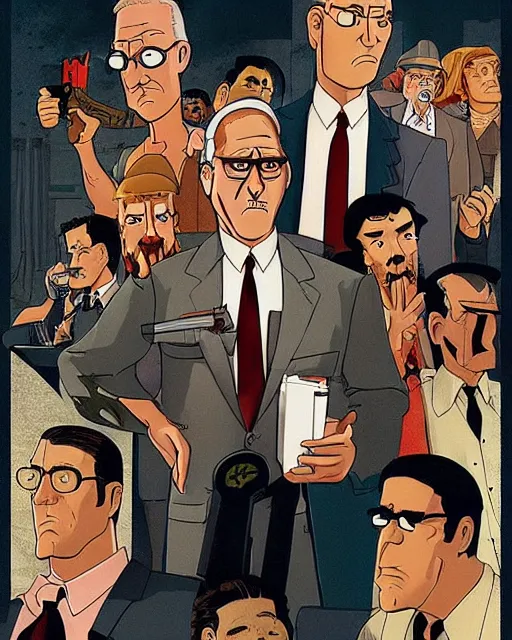 Image similar to a promotional poster for a mafia - themed king of the hill movie illustrated by robert mcginnis, poster design, king of the hill, dramatic, dramatic lighting, hank hill, dale gribble, boomhauer, bill dauterive, john redcorn